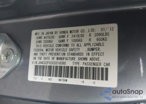 2012 Acura Tsx 2.4 z USA, uszkodzony, nr VIN JH4CU2F63CC016090